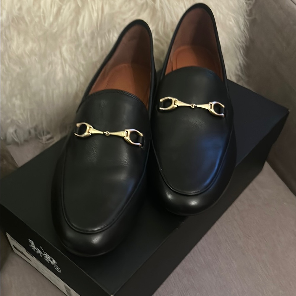 Black Leather Loafers with Gold Hardware